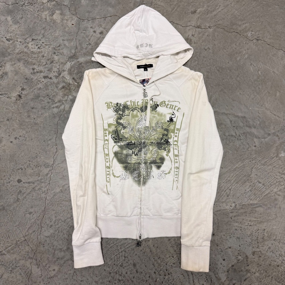 BCBGMAXAZRIA Womens White Y2K Graphic Rhinestone Zip Up Hoodie Sweatshirt S